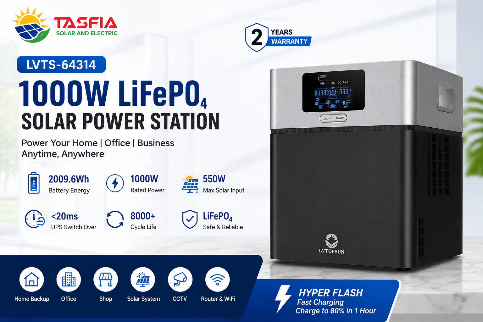 LVTS-64314 LiFePO₄ Solar Power Station (1000W | 2009.6Wh)